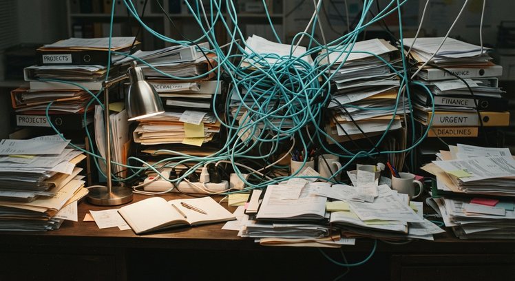 A desk buried in paper, glowing lines tangled above it