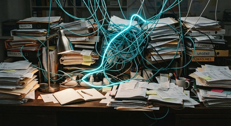The same desk, one glowing line traced through the tangle