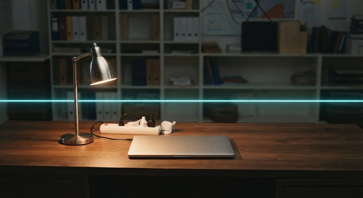 The same desk, clear, one clean line running straight across